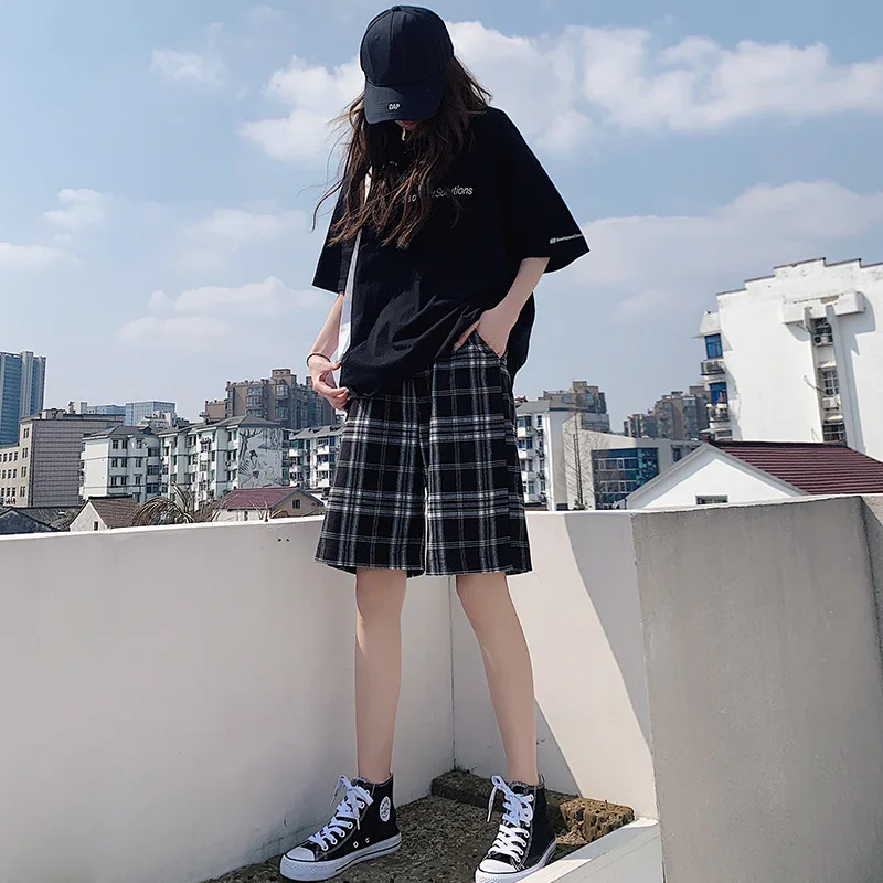 

Шорты женские в клетку с завышенной талией, простые хлопковые свободные штаны в Корейском стиле, в стиле Харадзюку, черные, на лето