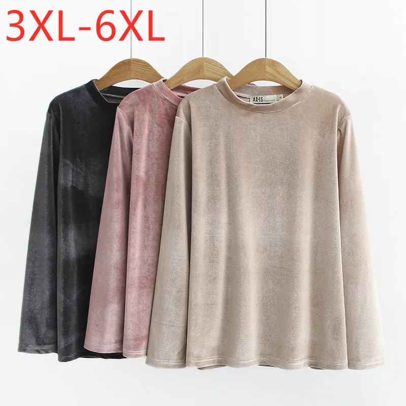 

New 2021 Ladies Autumn Winter Plus Size Basic Tops For Women Large Long Sleeve Beige Pink Pleuche O-neck T-Shirt 3XL 4XL 5XL 6XL