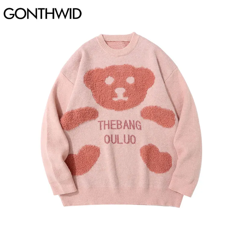 

Свитер GONTHWID с вышивкой в стиле Харадзюку, трикотажные джемперы с мультяшным медведем, уличная одежда, модные мужские повседневные свободны...