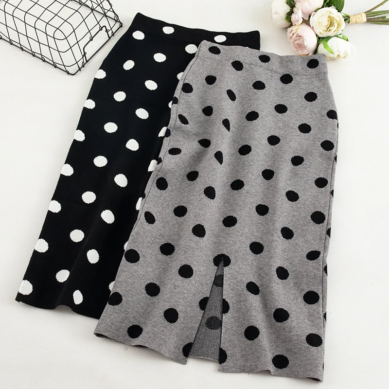 SINGRAIN женская вязаная юбка в горошек винтажная длинная миди с высокой талией