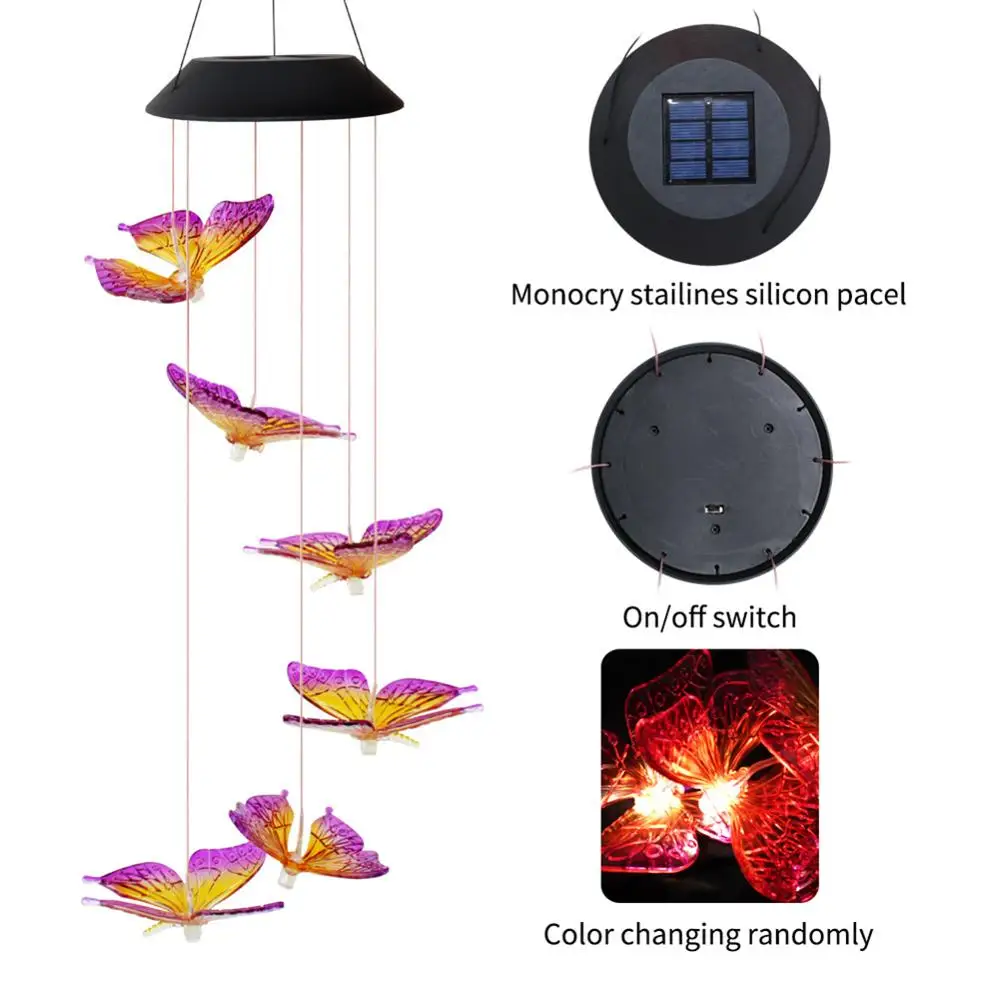 

6LED Solar Power Changeable Light IP65 Waterproof Colorful Butterfly Wind Chime Lamp for Home Outdoor Garden Yard Decoration