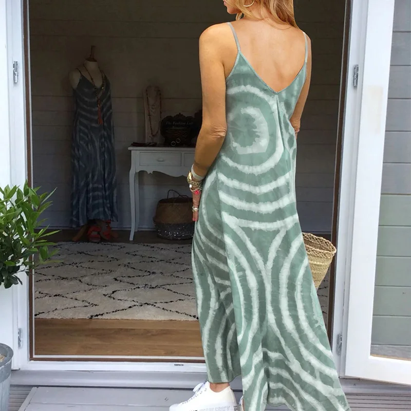 

Boho Women V-neck Long Beach Dress Summer Sleeveless Printed Maxi Dresses Ladies Loose Sundress Spaghetti Strap Dress