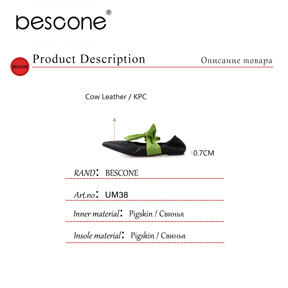 

BESCONE New Soft 2021 Woman Flats Shoes Cow Leather Butterfly-knot Dressing Fashion Spring Autumn Pointed Toe Green Flats UM38