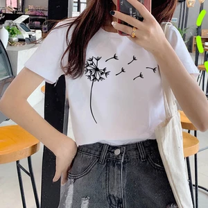 New T-Shirt Female Flowers Butterfly Tshirt Short Sleeve Summer Tee Shirt Easy Matching Round Neck New Summer T-Shirts Female