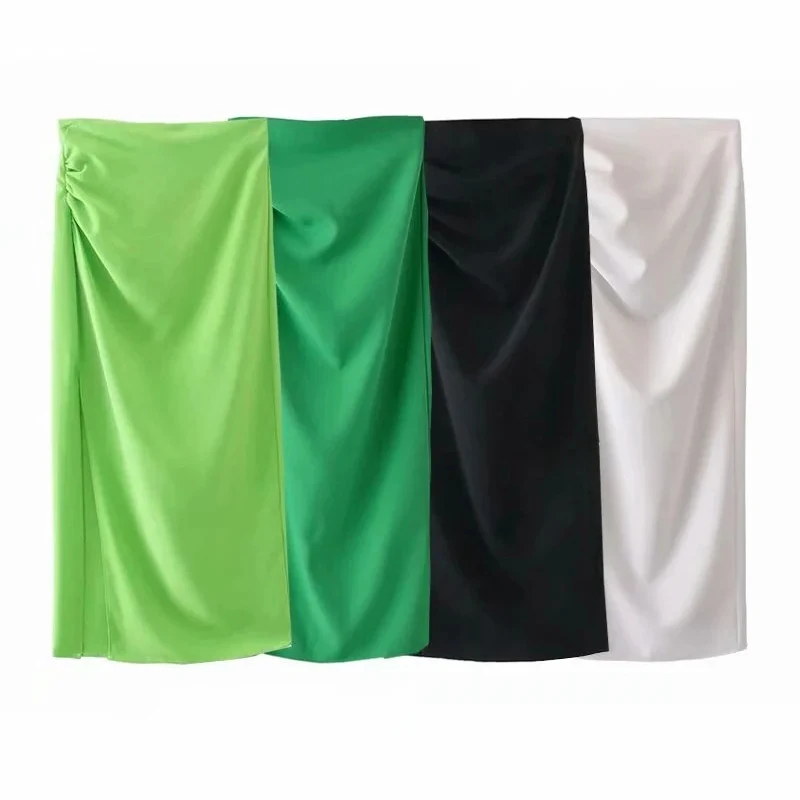 

Za High Waist Pencil Skirt Women 2021 Green Elegant Long Skirts Woman Slit White Midi Skirt Pleats Black Summer Skirts