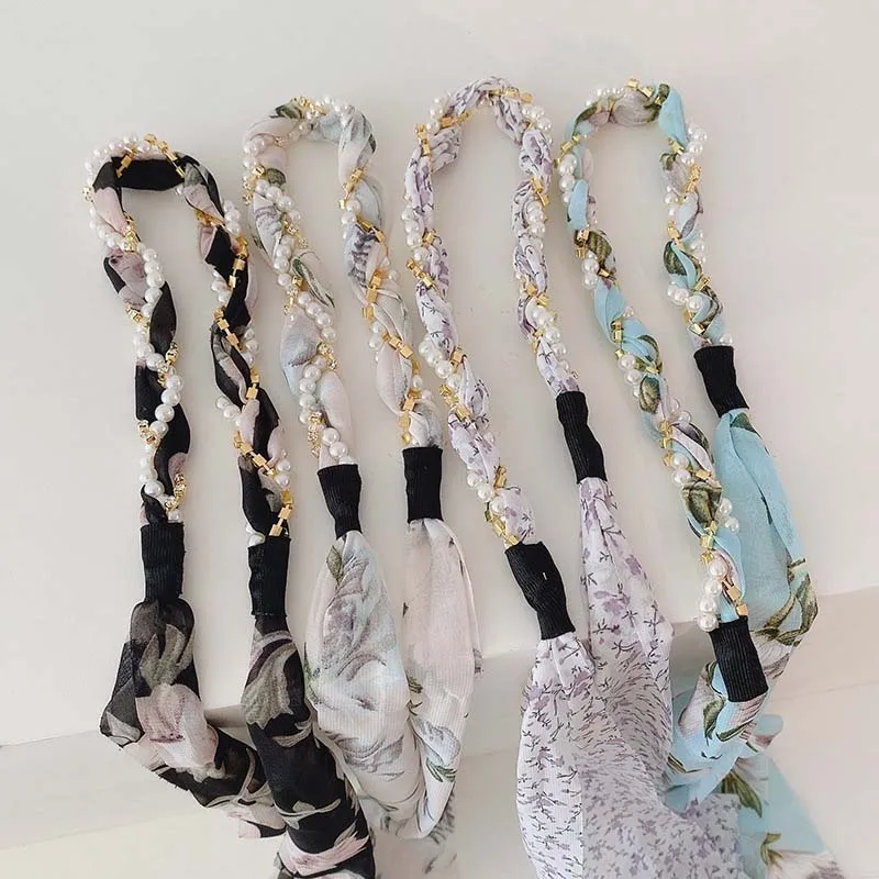 

Floral Print Sweet Retro Women Pearl Hairbands Elegant Lady Ribbon Hair Hoop Fashion Hairwear Bandage Hairbands Hair Accessory