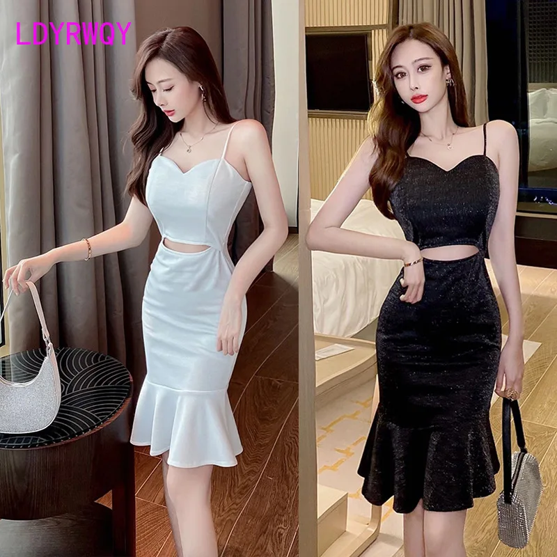 

LDYRWQY 2021 summer new sexy sling ruffled fishtail slim fashion temperament dress Office Lady Polyester