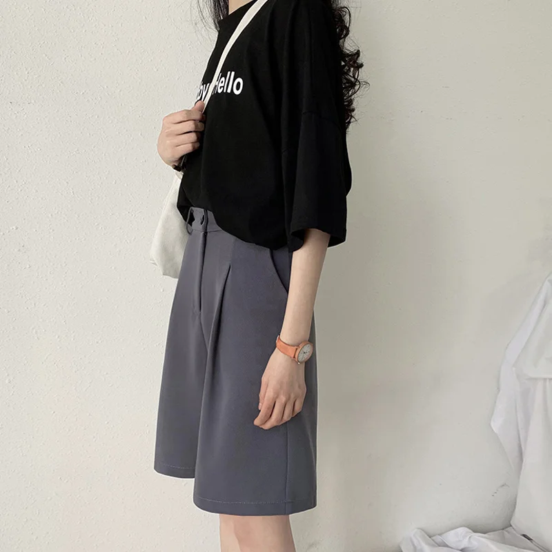 

Woman Pants Harajuku Plus Size Suit Short Black Gray High Waist Biker Sports Cycling Wide Leg Pants Solid Office Femme Summer