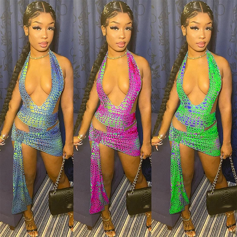 

Сексуальный комплект ZKYZWX из двух предметов с принтом, летние наряды для отпуска для женщин, боди с открытыми плечами, облегающие мини-платья...