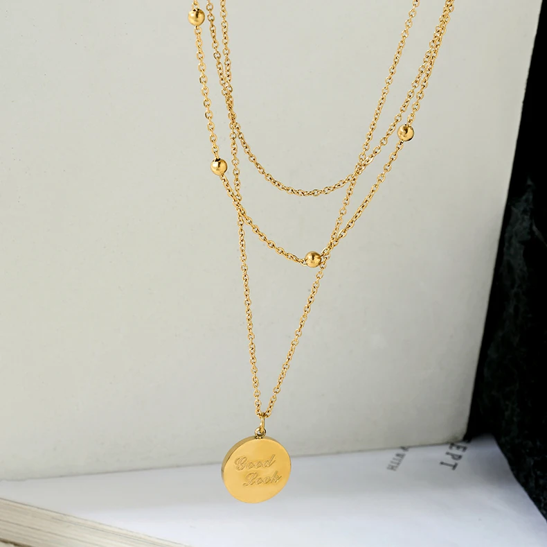 

Titanium With 18K Layered Chain Good Luck Necklaces Women Jewelry Runway T Show Party Rare Top Japan Korea Fashion