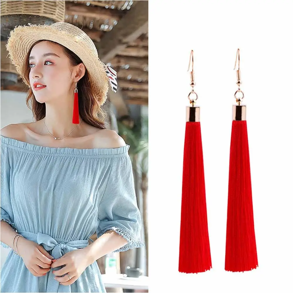 Винтажные шелковые длинные серьги с кисточками в богемном стиле синие и черные