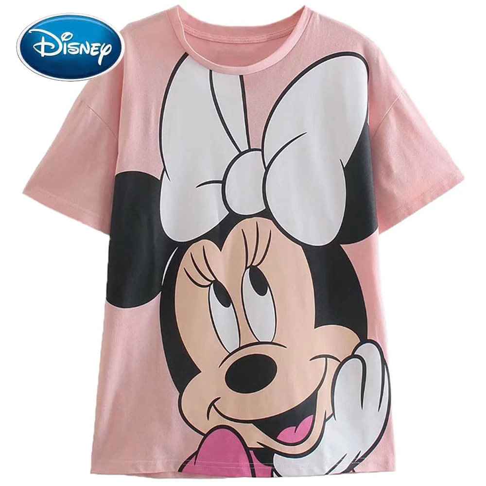 

Disney T-Shirt Fashion Minnie Mouse Cartoon Print Short Sleeve Harajuku Vintage Women O-Neck Cotton Korea Female Tee Tops Femme
