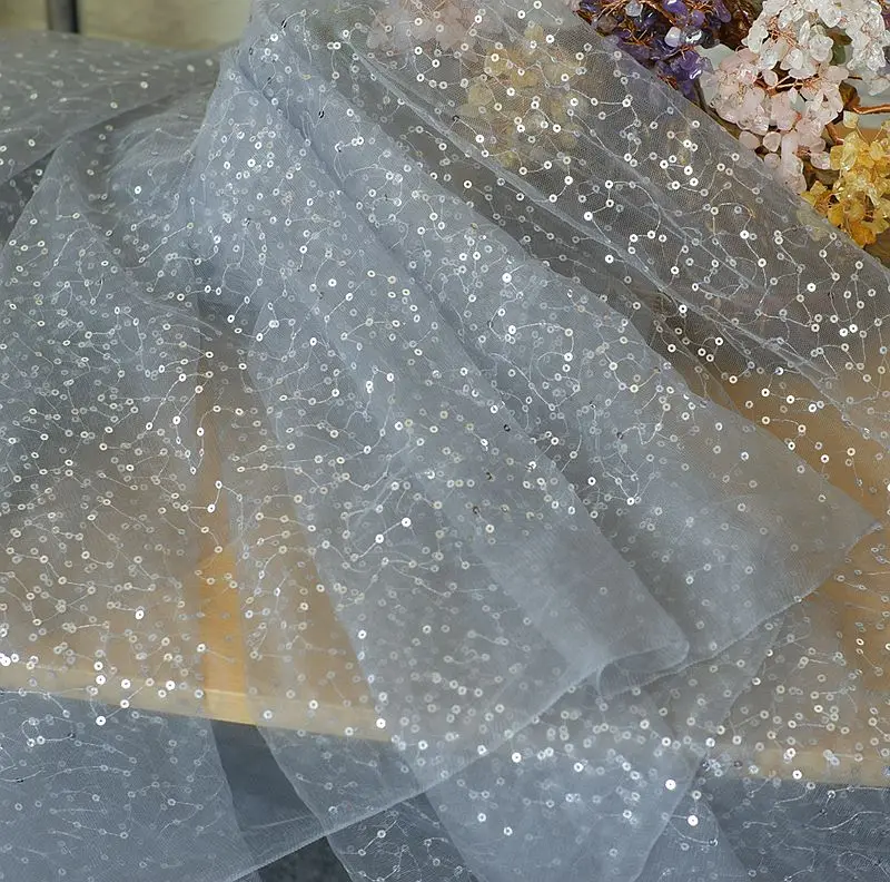 150 см широкая ажурная ткань черного цвета с пайетками Сетчатое свадебное платье