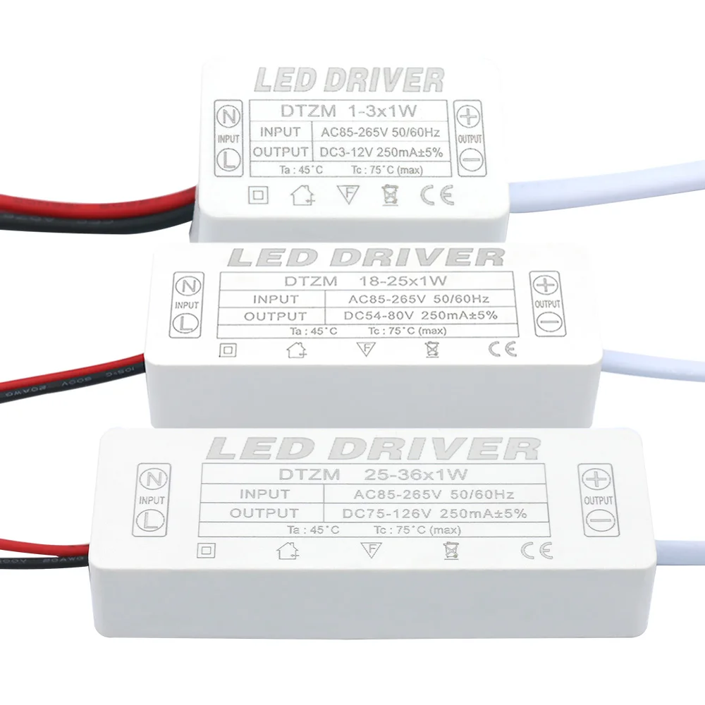 

LED Driver 250mA 1-3W 3-5W 4-7W 8-12W 12-18W 18-25W 25-36W LED Power Supply Unit 250mA AC90-265V Lighting Transformers For LEDs