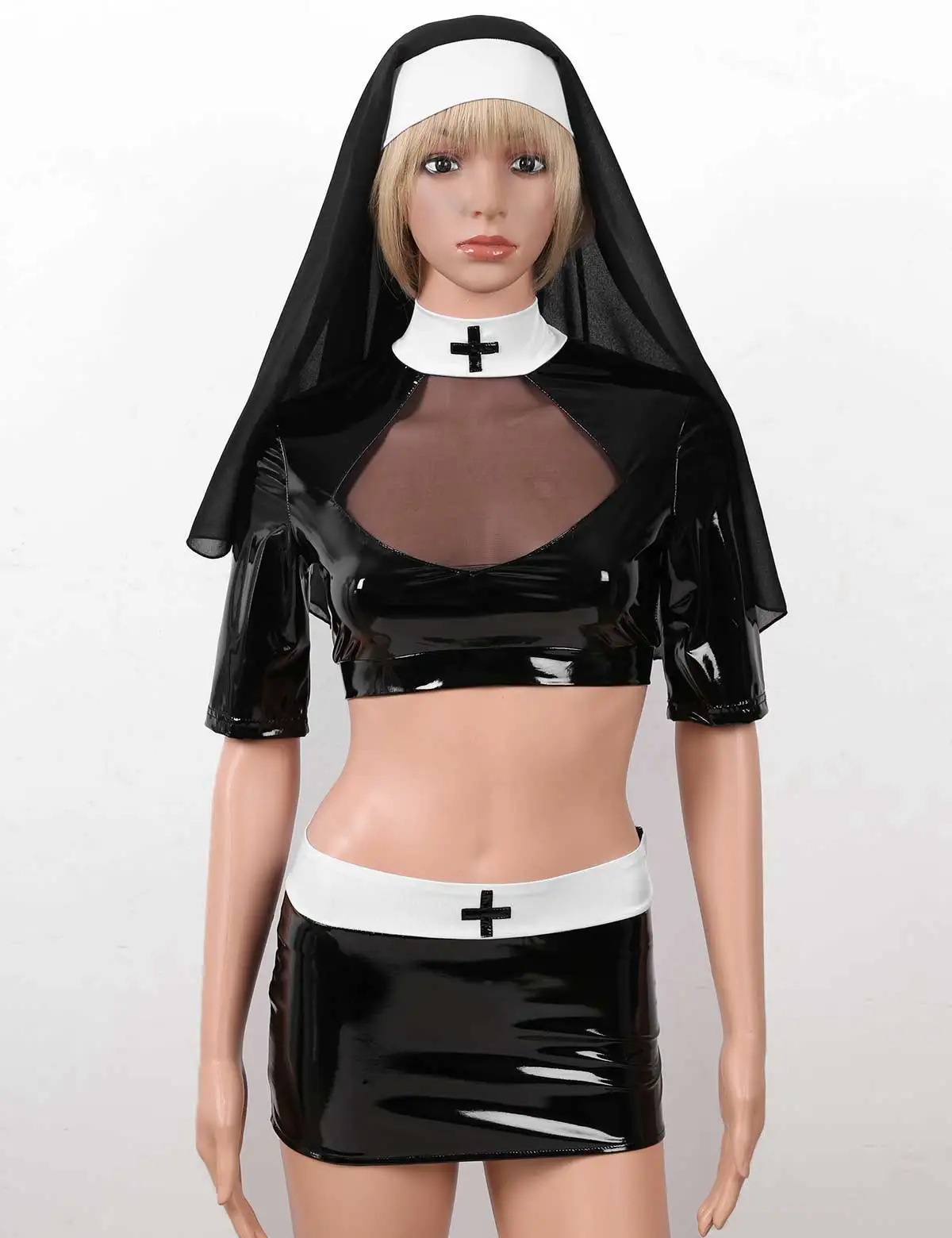 Женский костюм для косплея монашки кожаный кроп-топ Wetlook + мини-юбка головной убор