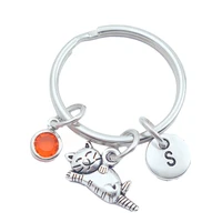 animal cat keychains creative initial letter monogram birthstone keyrings fashion jewelry women gifts pendants