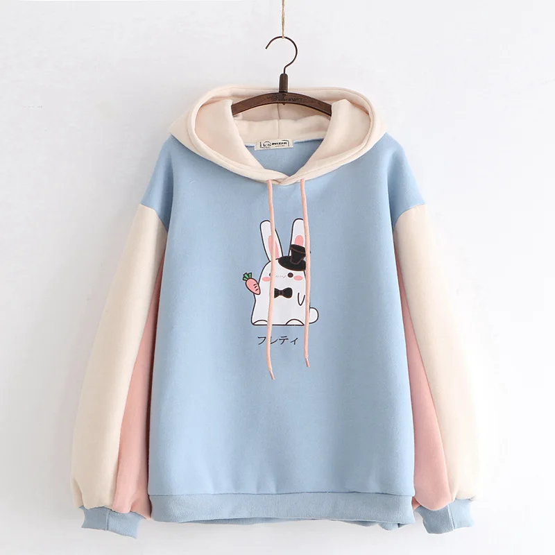 MERRY PRETTY женские толстовки с капюшоном мультфильм кролик лоскутное Harajuku лоскутное толстовки зимние плюс бархат пуловеры - Цвет: Синий