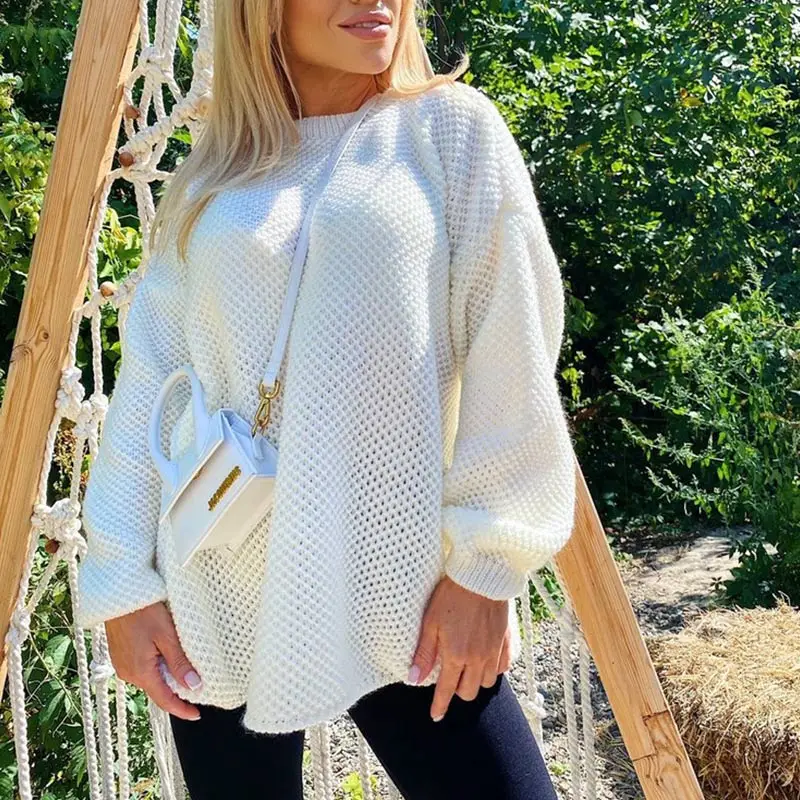 Женский пуловер Вязаный Свитер оверсайз свободный утепленный однотонный