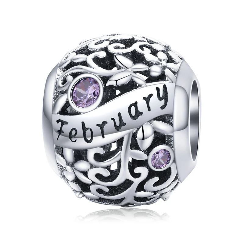 February Bamoer 925 пробы Серебряный месяц день рождения Камень круглые бусины подходят для женщин браслет DIY ювелирных изделий SCC1385 - Цвет: February