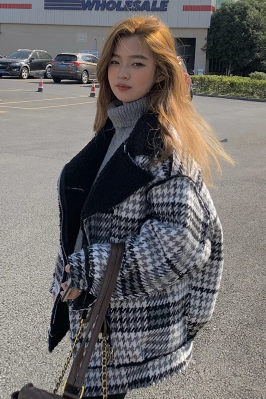 

Lamb Wool Plaid Coat for Women Autumn and Winter 2020 New Korean Style Thickened All-Matching Tweed Elegant Top