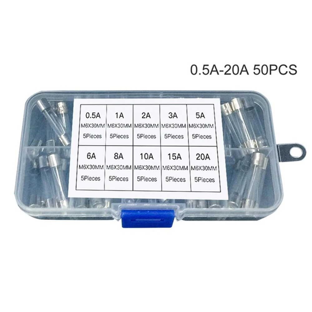 

50 pcs/set, glass fuse, 6x30mm, 250 V, 0.5A, 1A, 2A, 3A, 5A, 6A, 8A, 10a
