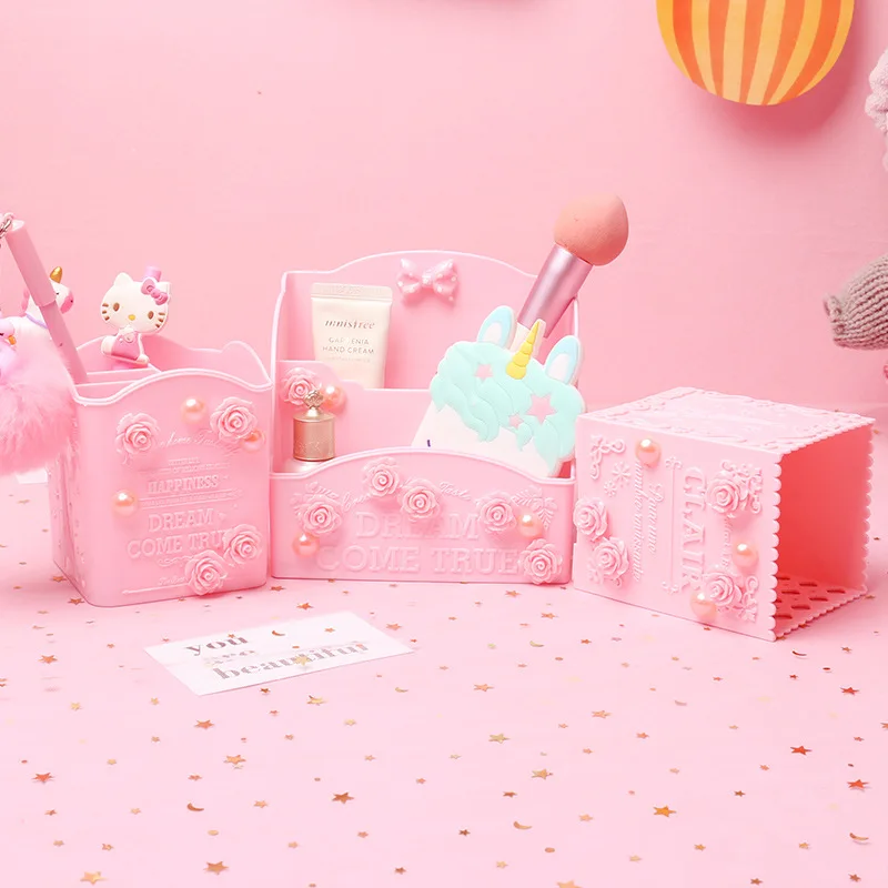 Pink Carve Cosmetic Brush Storage Box Holder Makeup Skin Care Rack Mobile Phone Stationery Organizer Container Pencil Bucket Bin