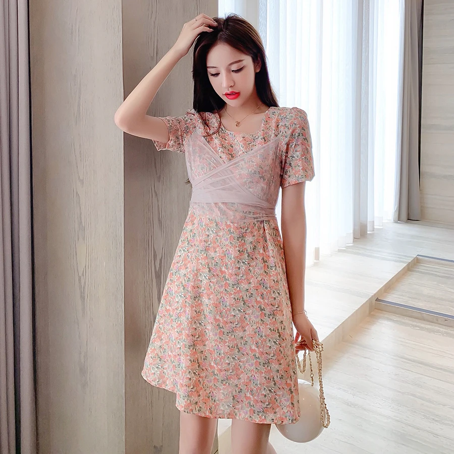 Корейские повседневные шифоновые Пляжные Платья с цветочным принтом в стиле