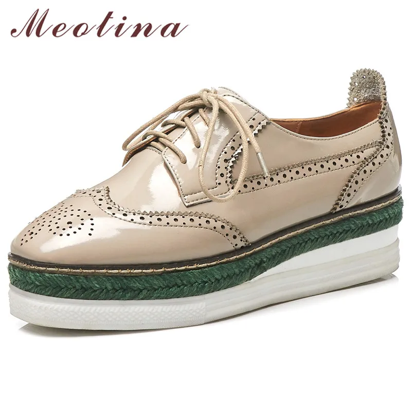 

Meotina High Heels Women Shoes Natural Genuine Leather Platform Wedge High Heel Brogue Shoes Cow Leather Square Toe Pumps Ladies