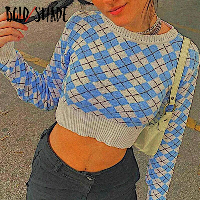 

Bold Shade Argyle Print Crewneck Knitwear 90s Aesthetic Grunge Indie Women Pullover Sweater Navel Y2K Street Style Sweaters Fall