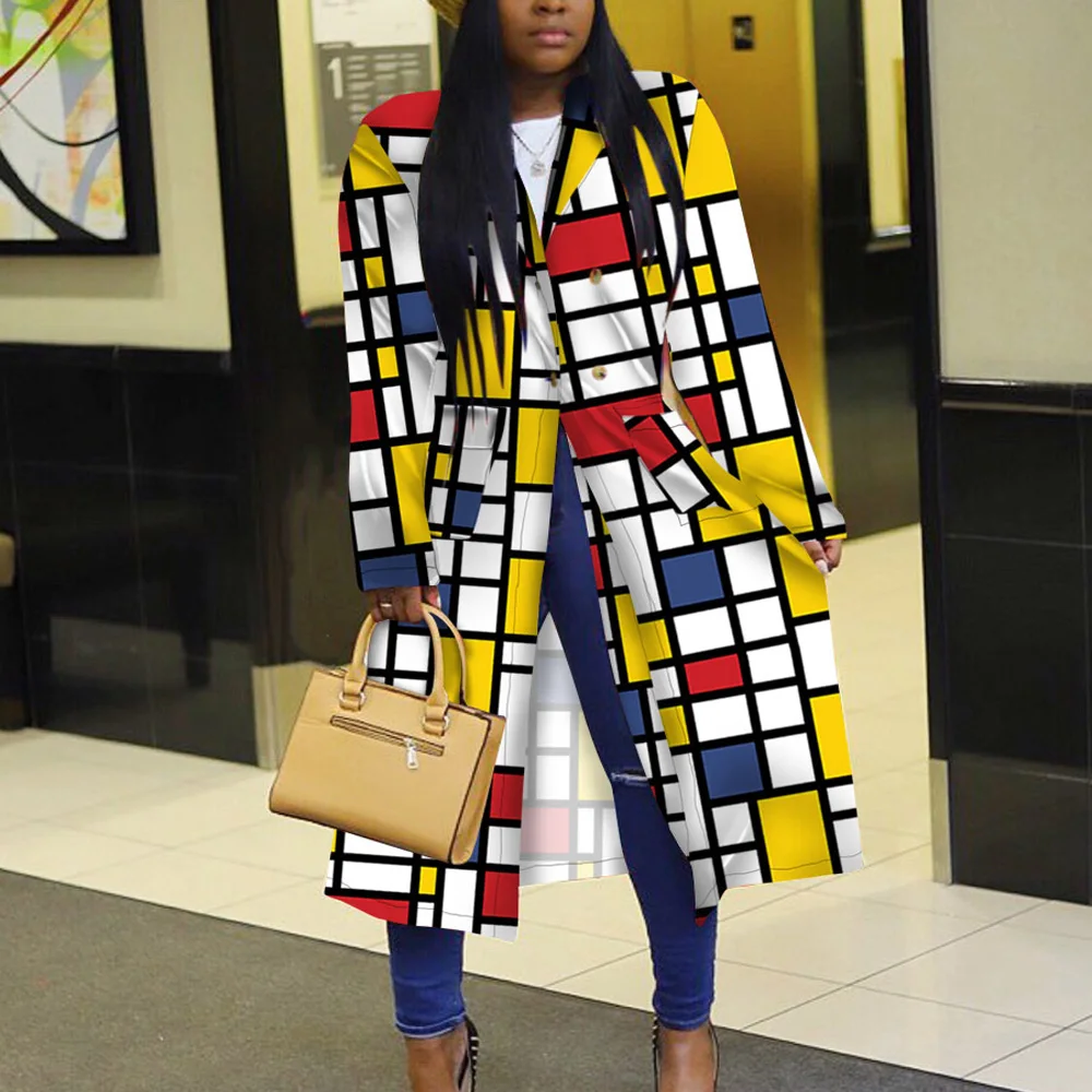 

TSACTE Women'S Autumn Print Coat, New Fashion Coat, Plaid Print Double-Breasted Lapel Long Coat, Long Windbreaker