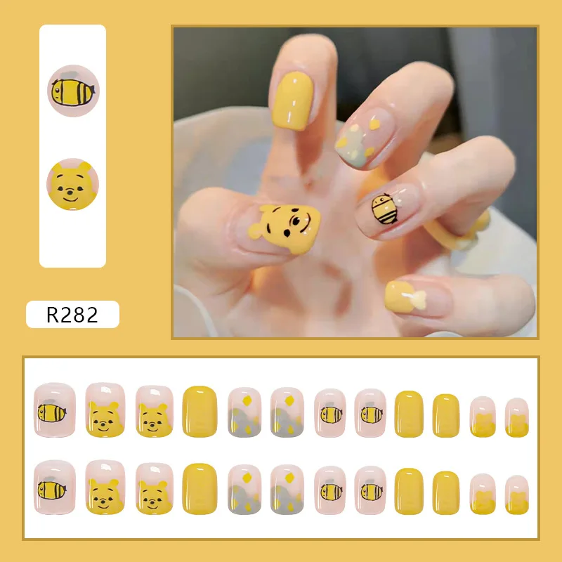 2022 New 24Pcs/Set Cute Cat And Bear Pattern Design False Nail French Stiletto Full Cover Fake Nails Manicure Art Tools | Красота и