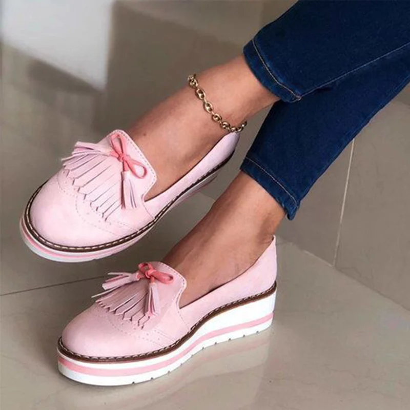 

Women Tassel Bowtie Loafers Woman Slip On Sneakers Ladies Soft PU Leather Sewing Flat Platform Female Shoes All Seasons 2021 New