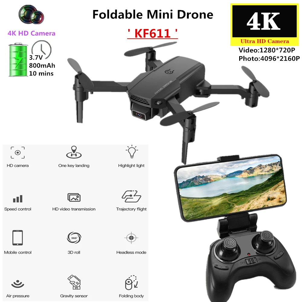 Мини Дрон KF611 4K HD камера Wi Fi FPV селфи складной Радиоуправляемый квадрокоптер режим