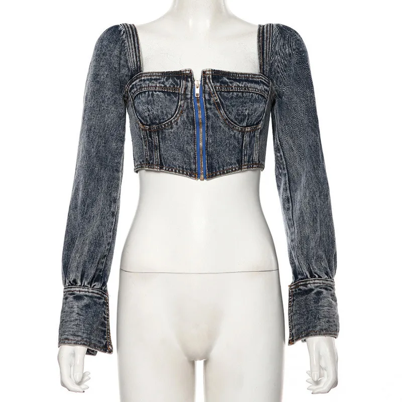 Женская Джинсовая блузка на молнии модная Зимняя Блузка с длинным рукавом и