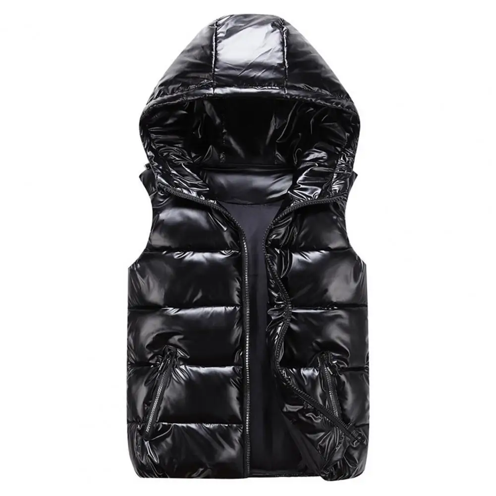 

Women Winter Vest Solid Color Hooded Warm Elastic Hem Pockets Bright Color Quilted Vest Waistcoat for Daily Wear