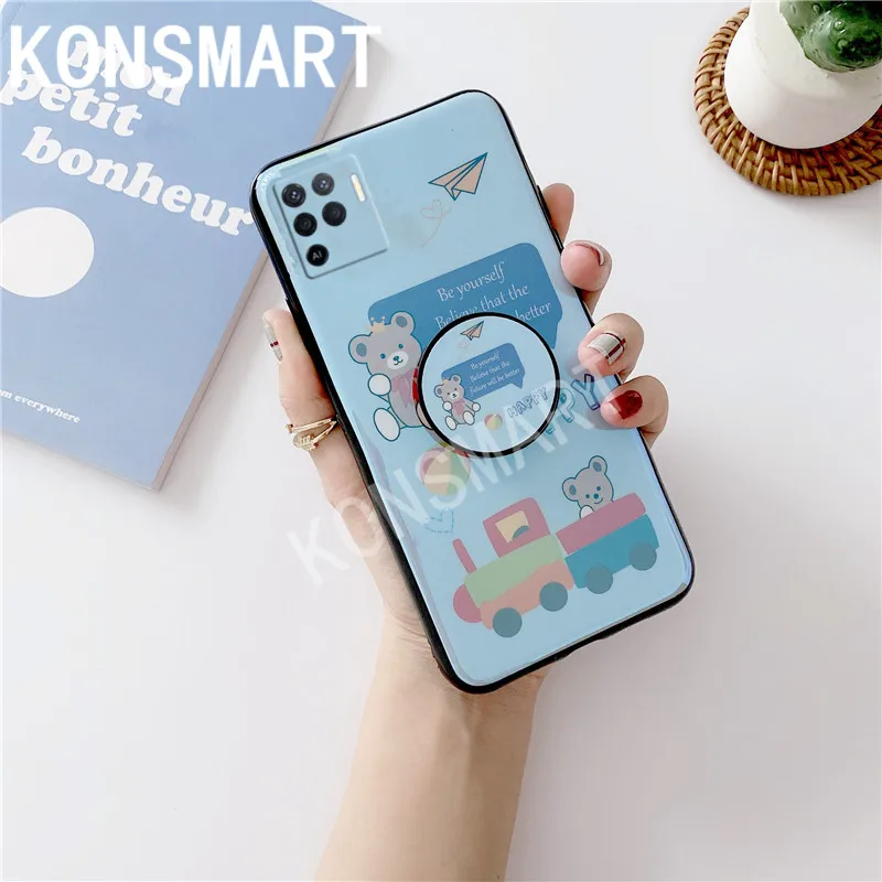 

KONSMART For OPPO Reno 5 Lite Case Oppo Reno5lite Cartoon Cute Bear Blue Light Cover Silicone Soft Phone Cases With Holder