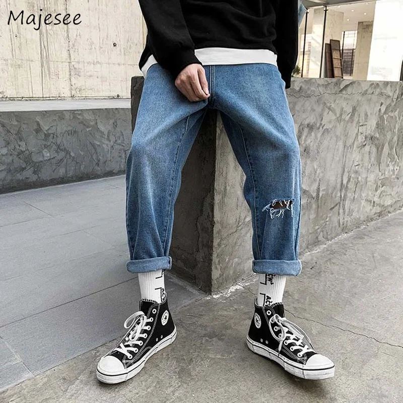 

Summer Men Straight Jeans Loose Hole Vintage Student All-match Ankle Length Denim Trousers Homme Chic Washed Black Pantalones BF