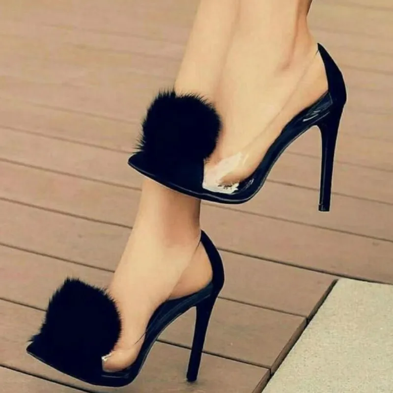 Женские туфли на тонком прозрачном меху вечерние Фли с острым носком высоком