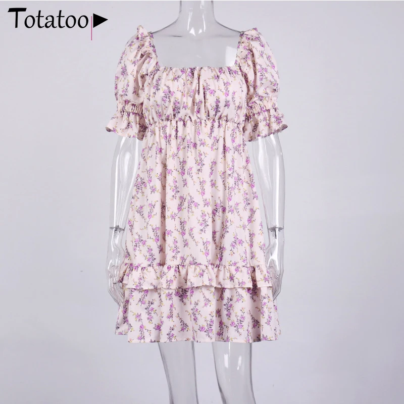 

Totatoop Elegant Square Neck Fit And Flare Summer Dress Women 2021 Puff Sleeve Slim Waist Pleated Ruffles France Style Dresses