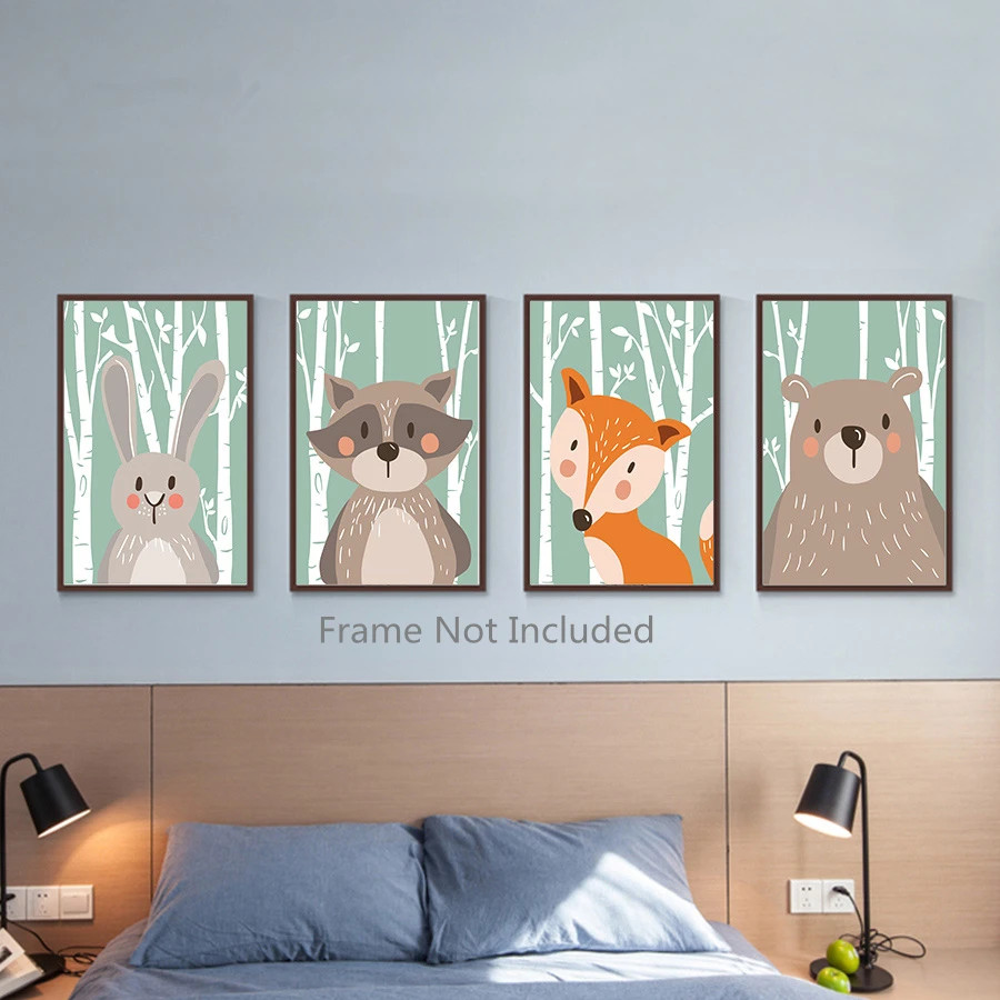 Woodland Forest Cute Animals Canvas Painting Art Print &ampPoster Nursery Wall Picture Kids Baby Room Decor Fox Rabbit Bear Giraffe | Дом и