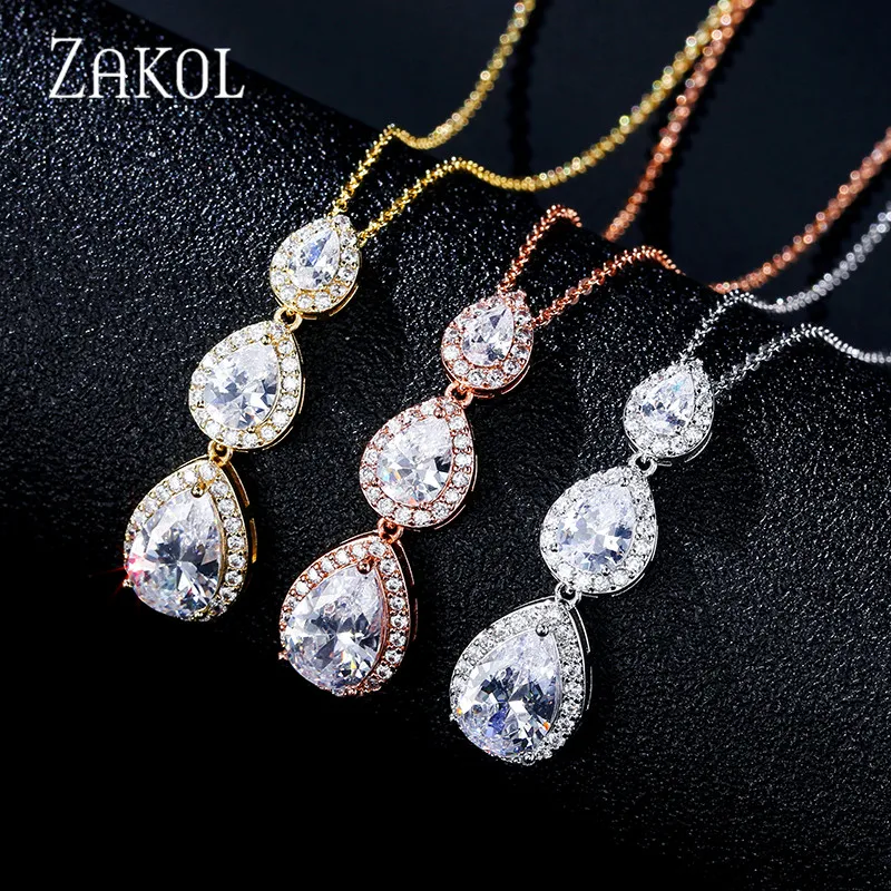 Новинка модное ожерелье ZAKOL с подвеской в форме капли воды из фианита и кристалла
