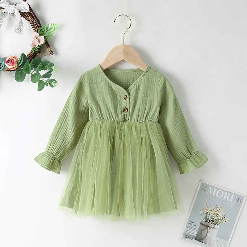 

Зимнее платье для девочек 2021, милое Сетчатое зеленое платье с длинным рукавом и круглым вырезом, в стиле пэчворк, милая одежда для детей 0-24 м