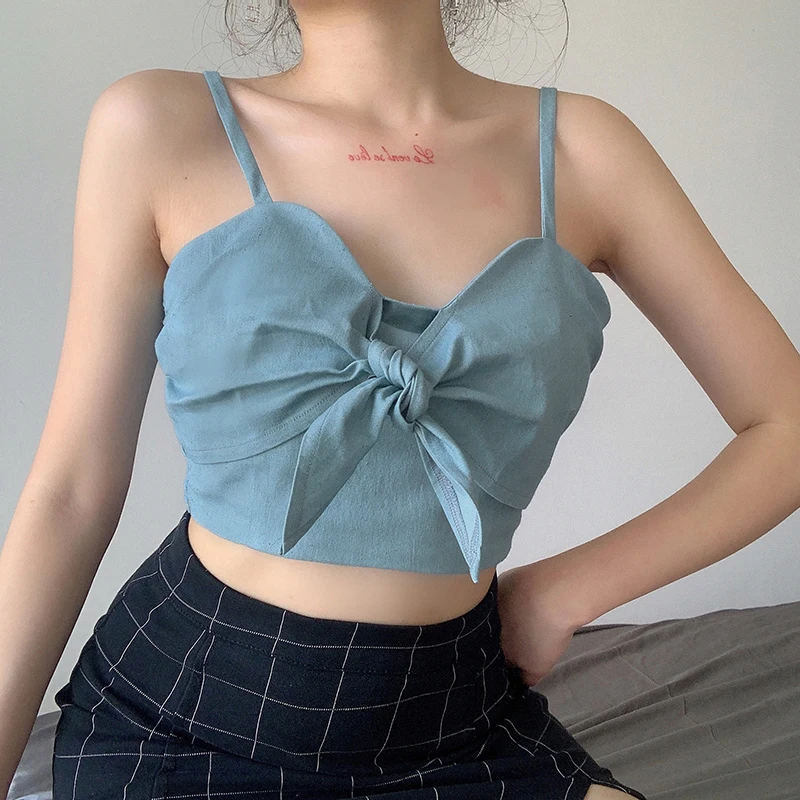Женский укороченный топ с бантом спереди джинсовая майка женская летняя одежда