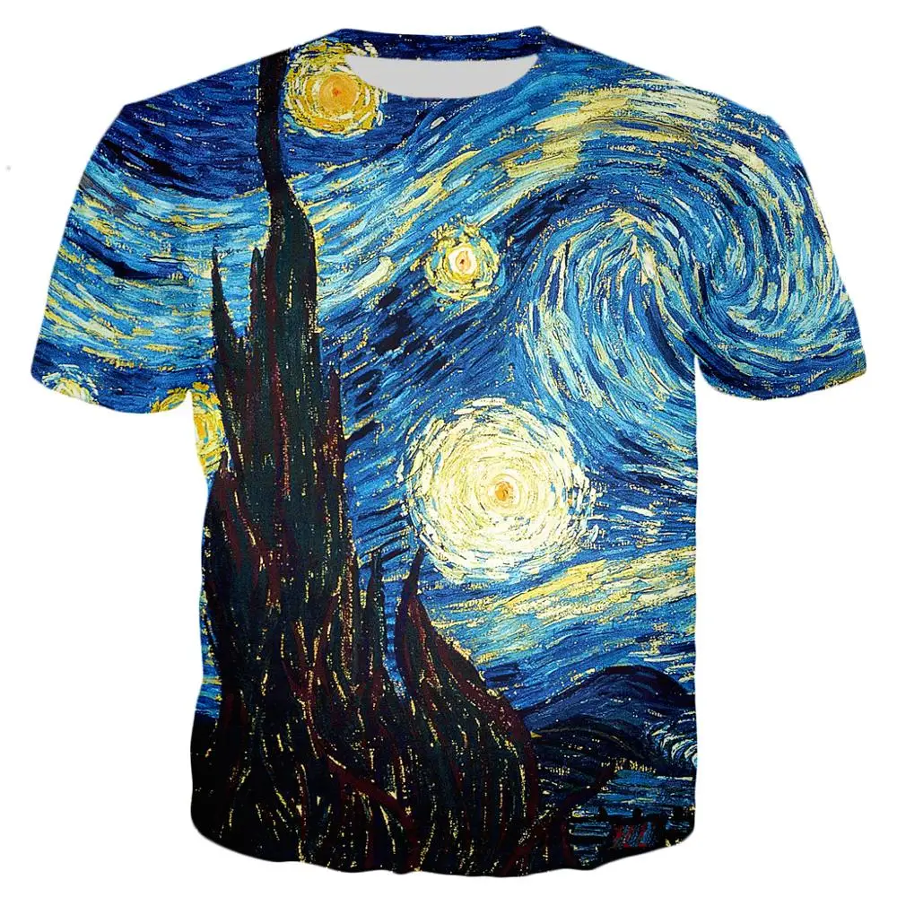 

2021 стильная футболка в стиле Харадзюку для мужчин и женщин, футболки с принтом Винсента Ван Гога, картины маслом, звездная ночь, модные повсе...
