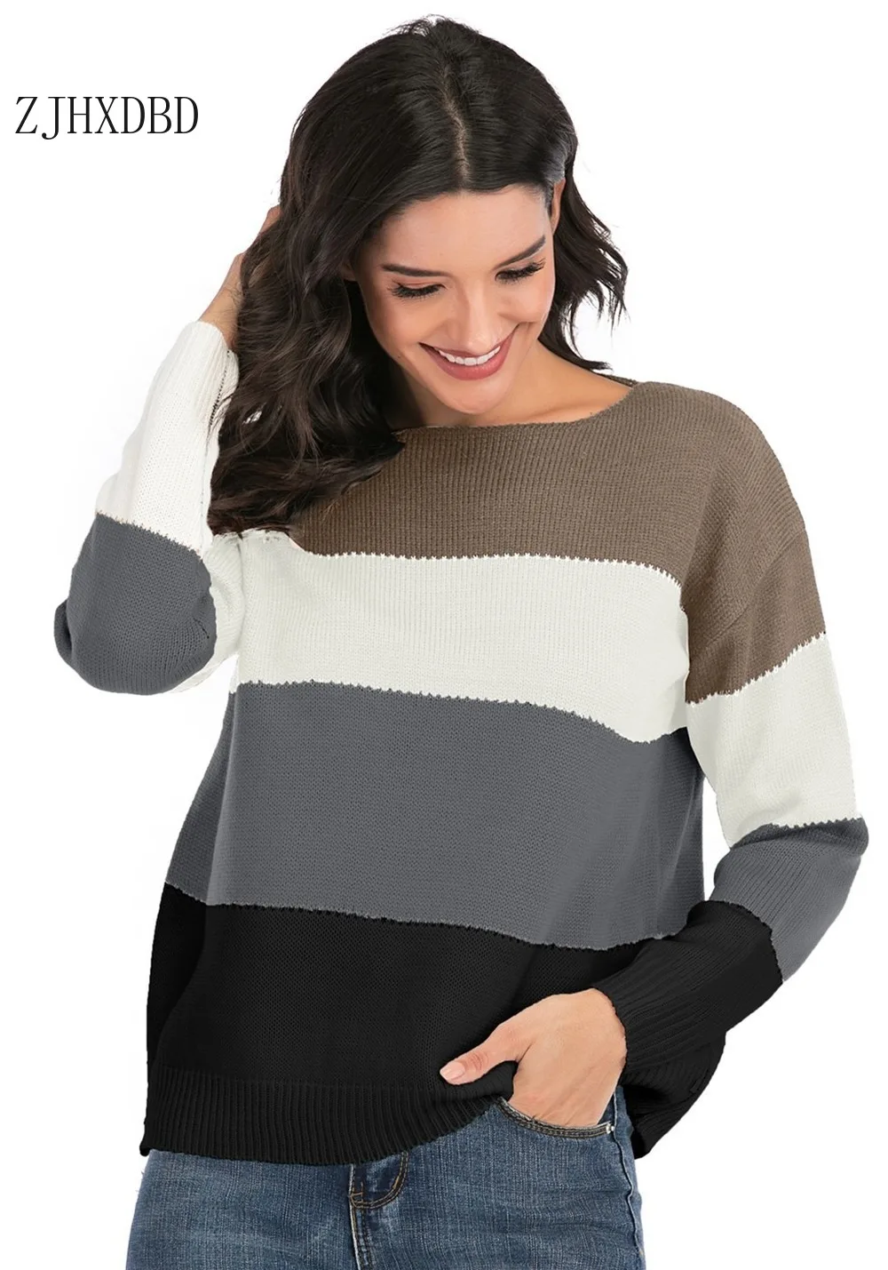 

O-neck Patchwork Women Pullover Sweater Jumper Knitted Basic Top Autumn Long Sleeve European and American Ladies Clothes 2020