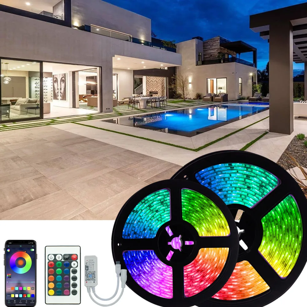 

LED Flexible Strip Light 5050 RGB No waterproof 10m 15m 20m SMD WiFi Bluetooth 12v Smart Controller Ribbon Back Light decoration