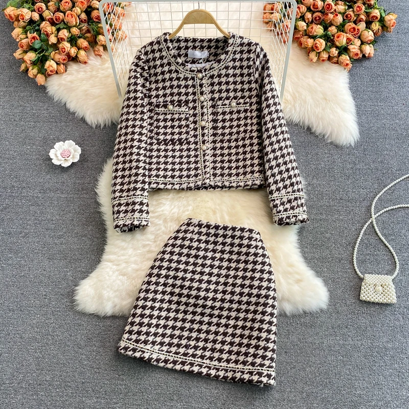 

French Loose Small Fragrant Tweed Short Houndstooth Jacket Women Two-piece Suit High Waist Bag Hip Skirt Women