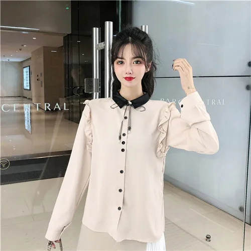beige top Новые шифоновые рубашки на шнуровке с длинными рукавами топ+ Асимметричная юбка с завышенной талией, комплект для офиса, Женская рабочая одежда комплект с юбкой на пуговицах - Цвет: beige top