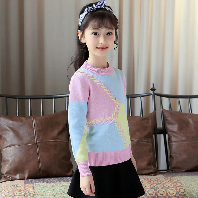 

Rlyaeiz Soft Cotton Girls Sweater Autumn Winter Color Patchwork Sweaters For Girls Long Sleeve Kids Knitted Pullover Knitwear