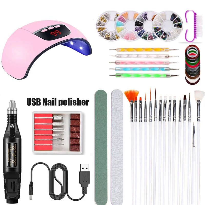 

Manicure Set With 45W Led Nail Lamp Nail Set 20PCS Nail Brush 10 Gold And Silver Manicure Lines 1PC Polished Block Nail Kit Tool